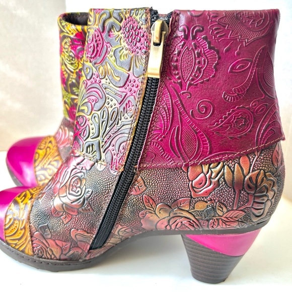 Gorgeous Handmade Multicolor Tooled Leather Floral Med Heel Ankle Boots 38 - Picture 13 of 14